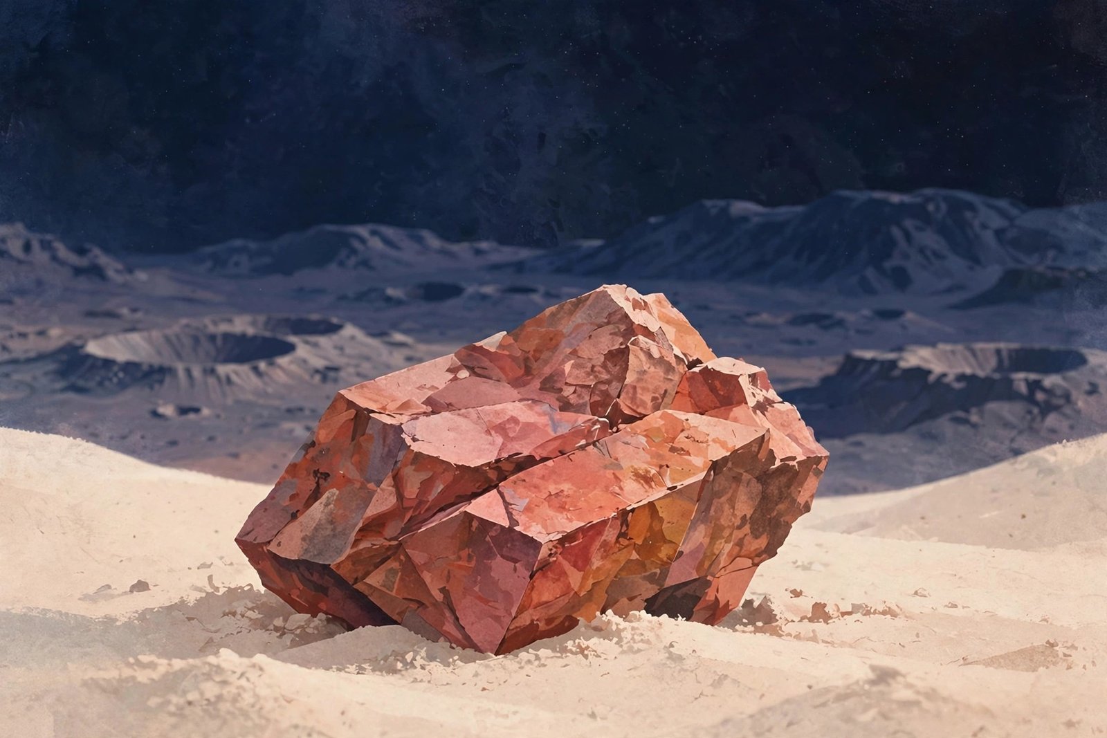 Rose-coloured rock fragment illustration on desert sand with cratered Martian highlands behind