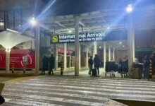 International arrivals hall at Jomo Kenyatta International Airport, Nairobi, at night