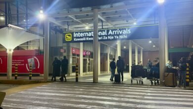 International arrivals hall at Jomo Kenyatta International Airport, Nairobi, at night