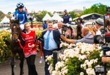 Horses racing at Flemington on Melbourne Cup day