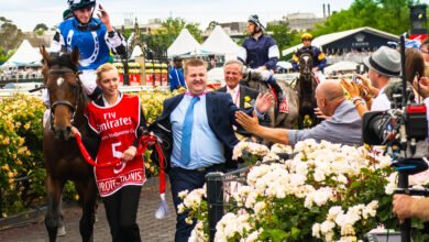 Horses racing at Flemington on Melbourne Cup day