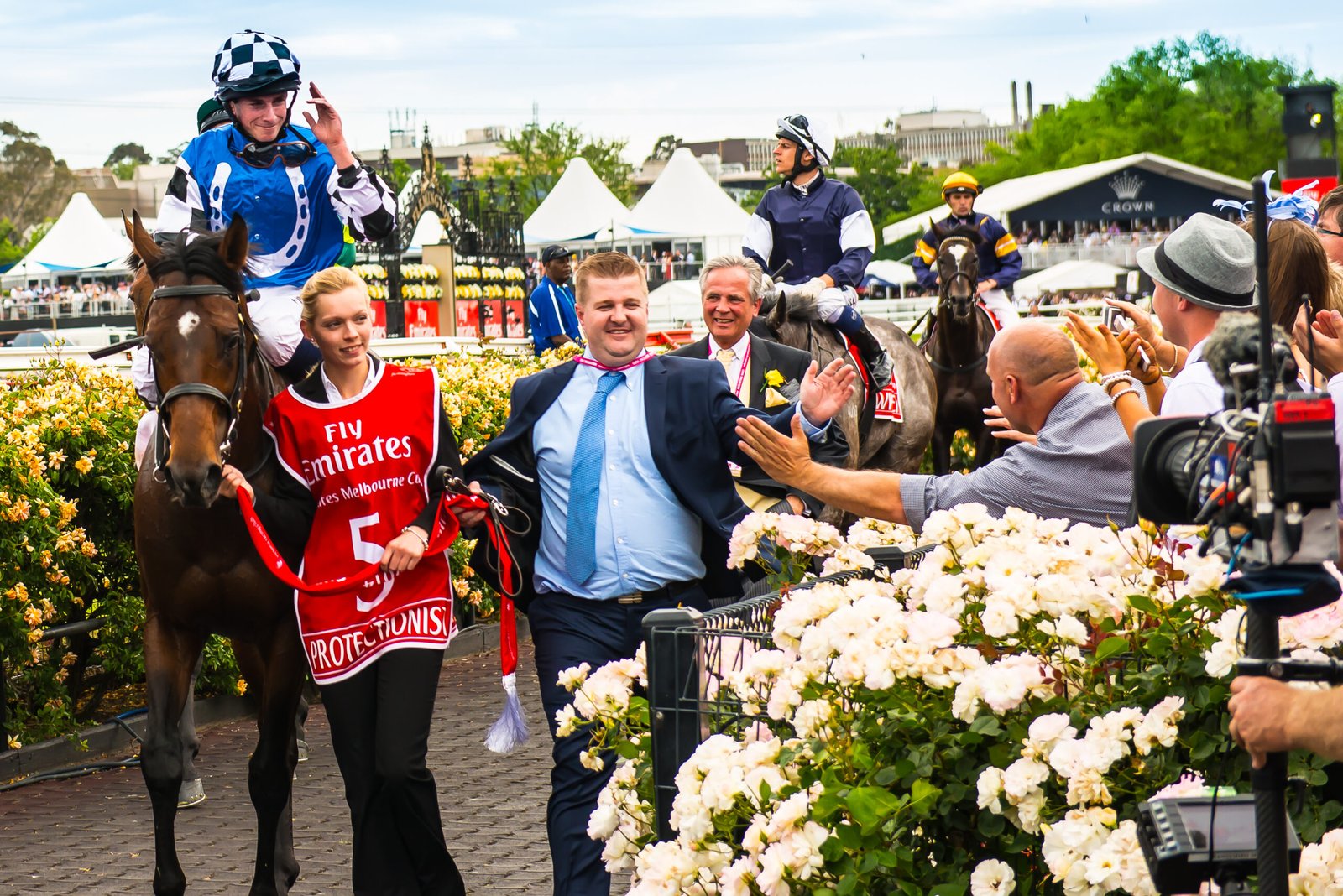 Horses racing at Flemington on Melbourne Cup day