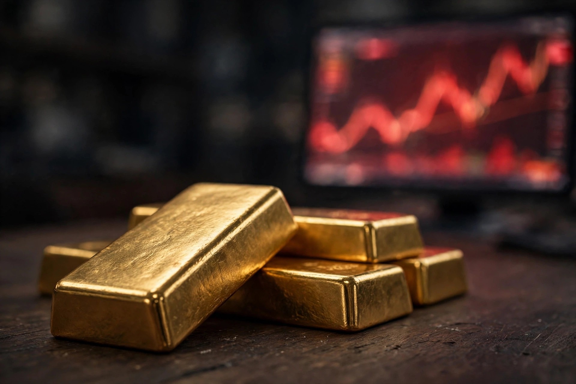 Close-up of stacked gold bullion bars under warm light