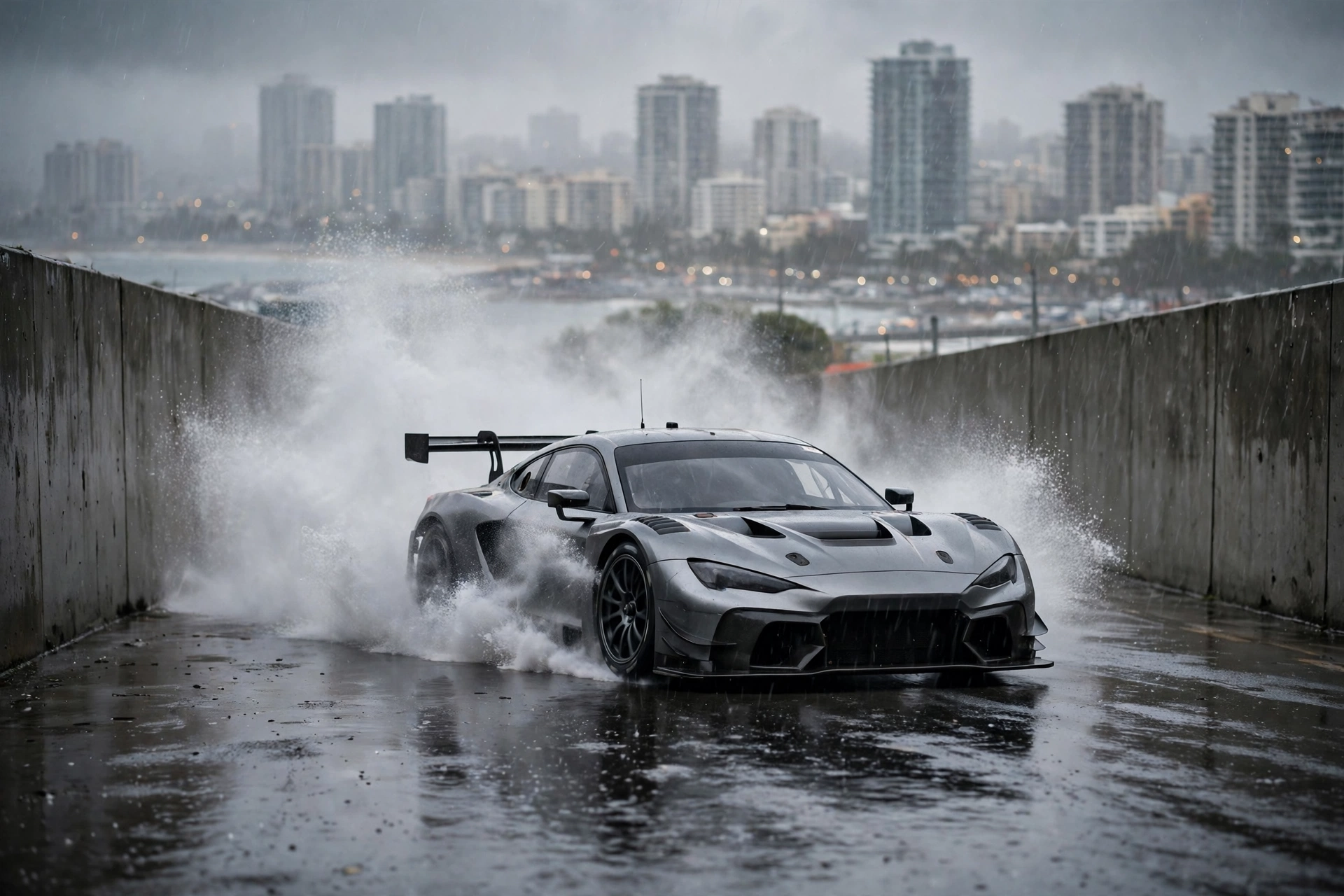 A V8 touring car kicking up spray on a rain-soaked street circuit between concrete barriers