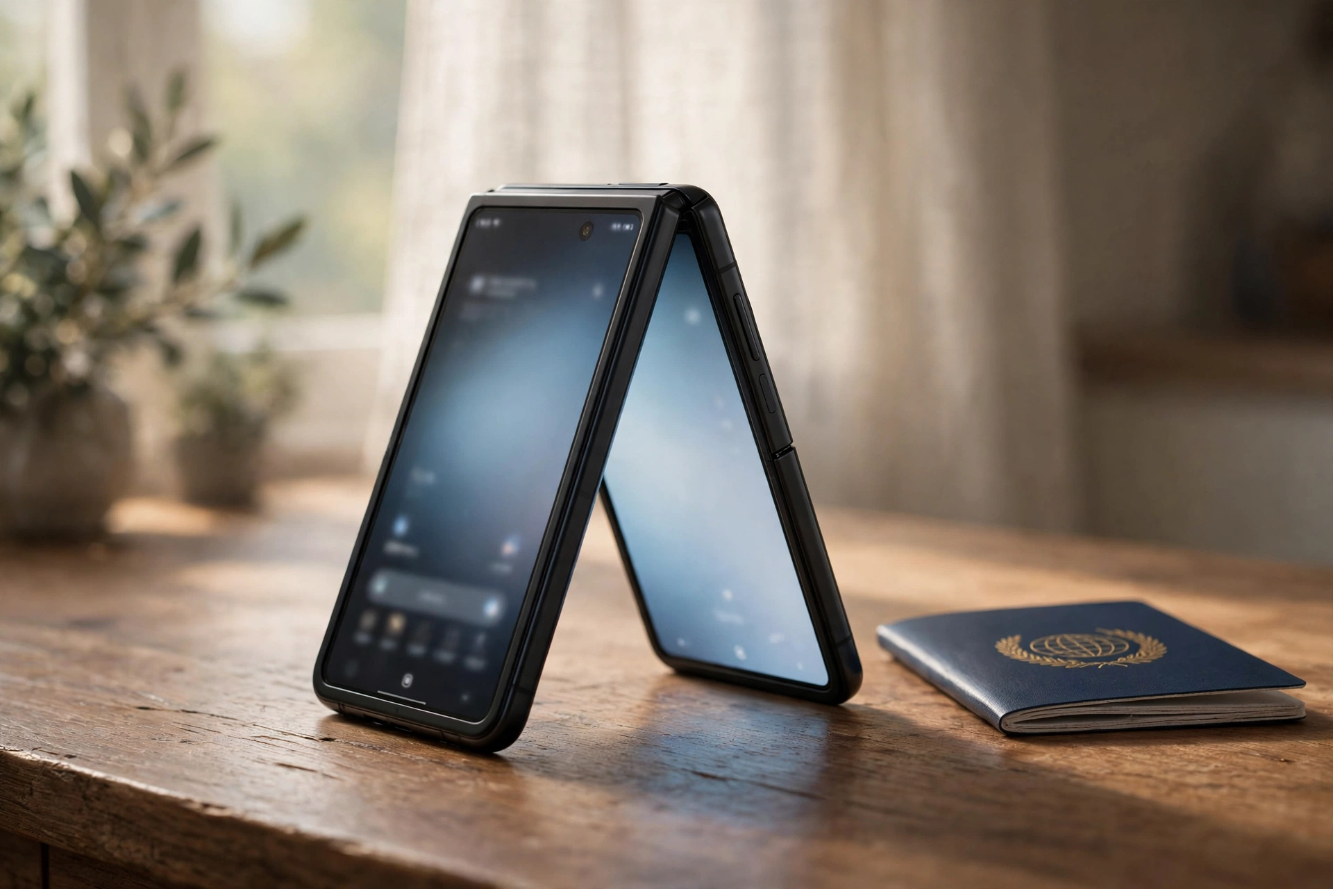 Illustration of a foldable phone in tent mode beside a passport