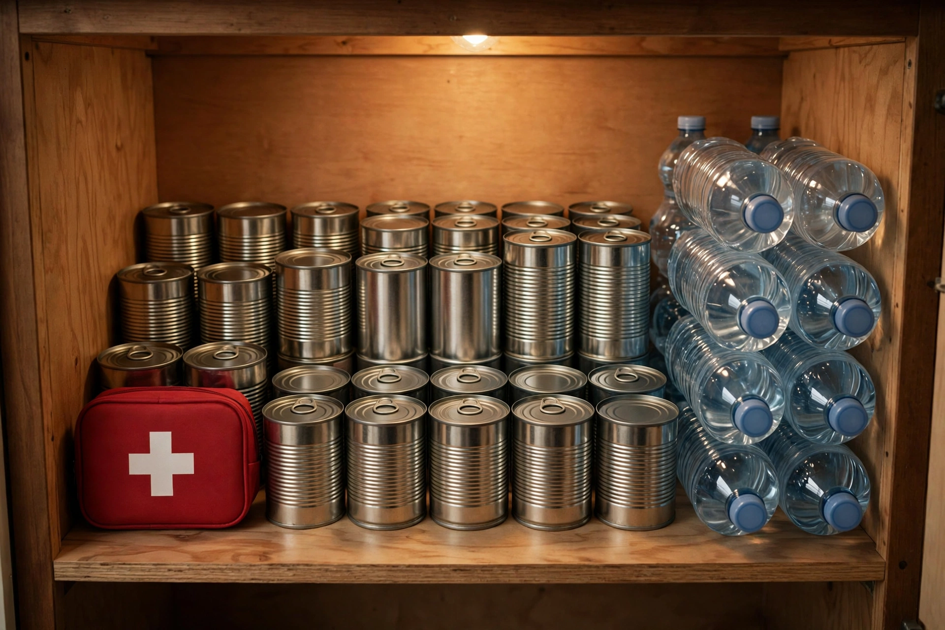 A kitchen shelf stocked with tins, bottled water and a first aid kit