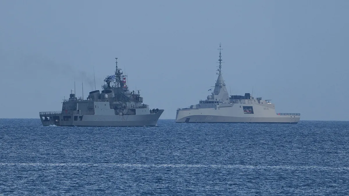 The Greek frigates Psara and Kimon sailing off the coast of Limassol, Cyprus.