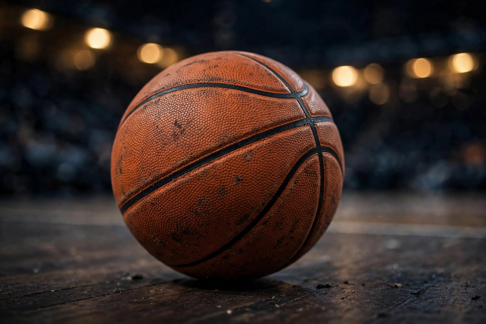 Close-up of a basketball on a dark arena court with out-of-focus arena lights
