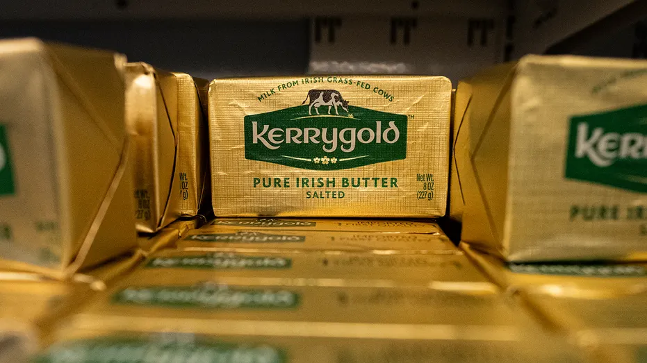 Packages of Kerrygold Irish butter displayed for sale at a grocery store in North Carolina.