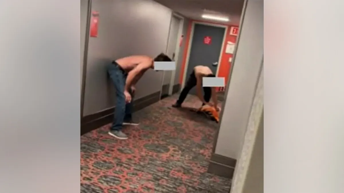 Two men in a hallway trying to grab a flamingo