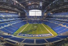 Lucas Oil Stadium bowl in Indianapolis with empty blue seats and the field below