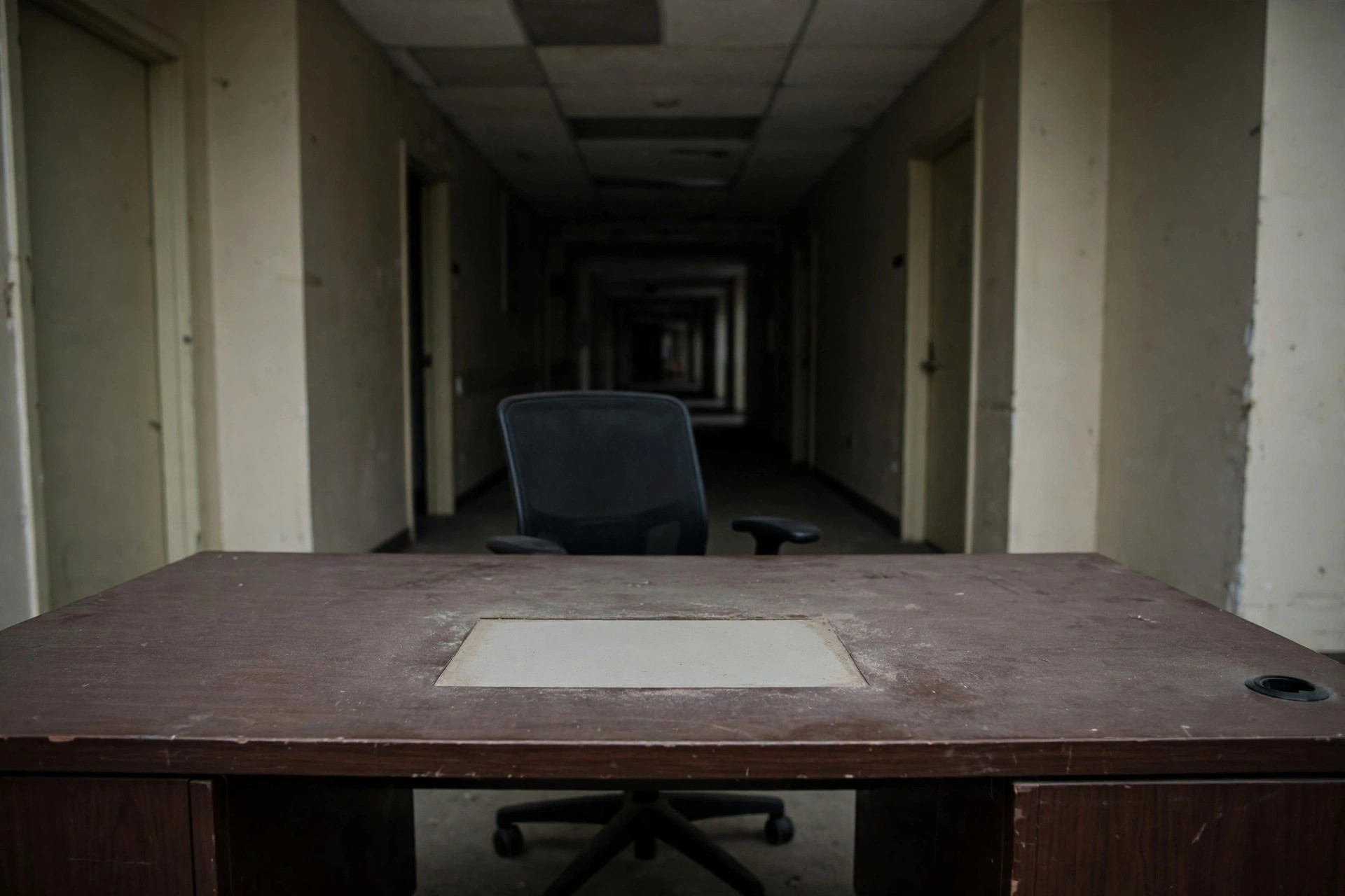 Illustration of an empty government office hallway with open doors and vacant desks