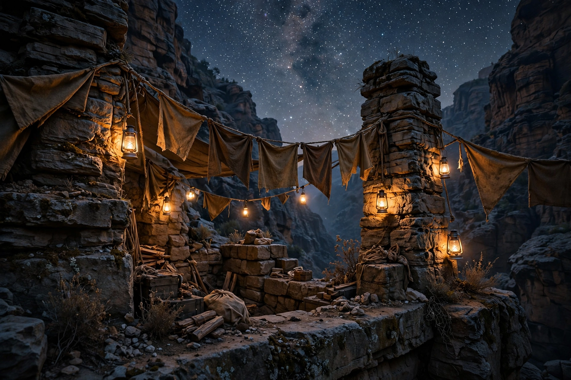 Canyon outpost at night with lanterns and fabric banners under a starry sky