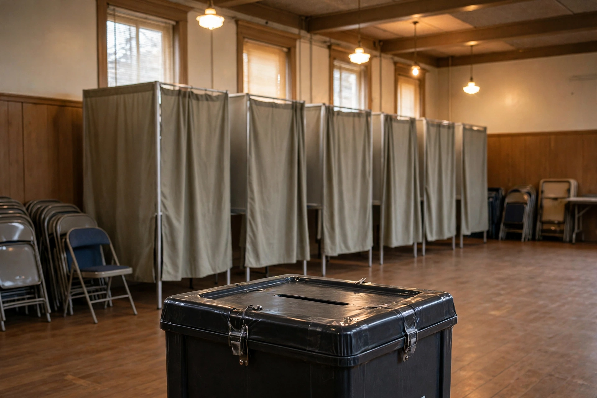 Voting booths and a ballot box in a community hall