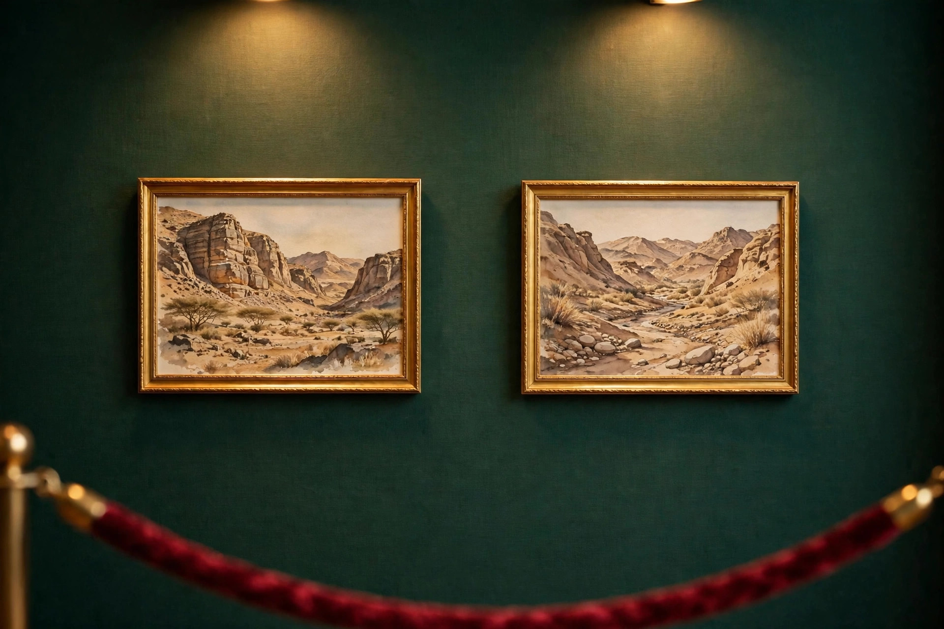 Two gold-framed watercolor landscapes on a deep green gallery wall