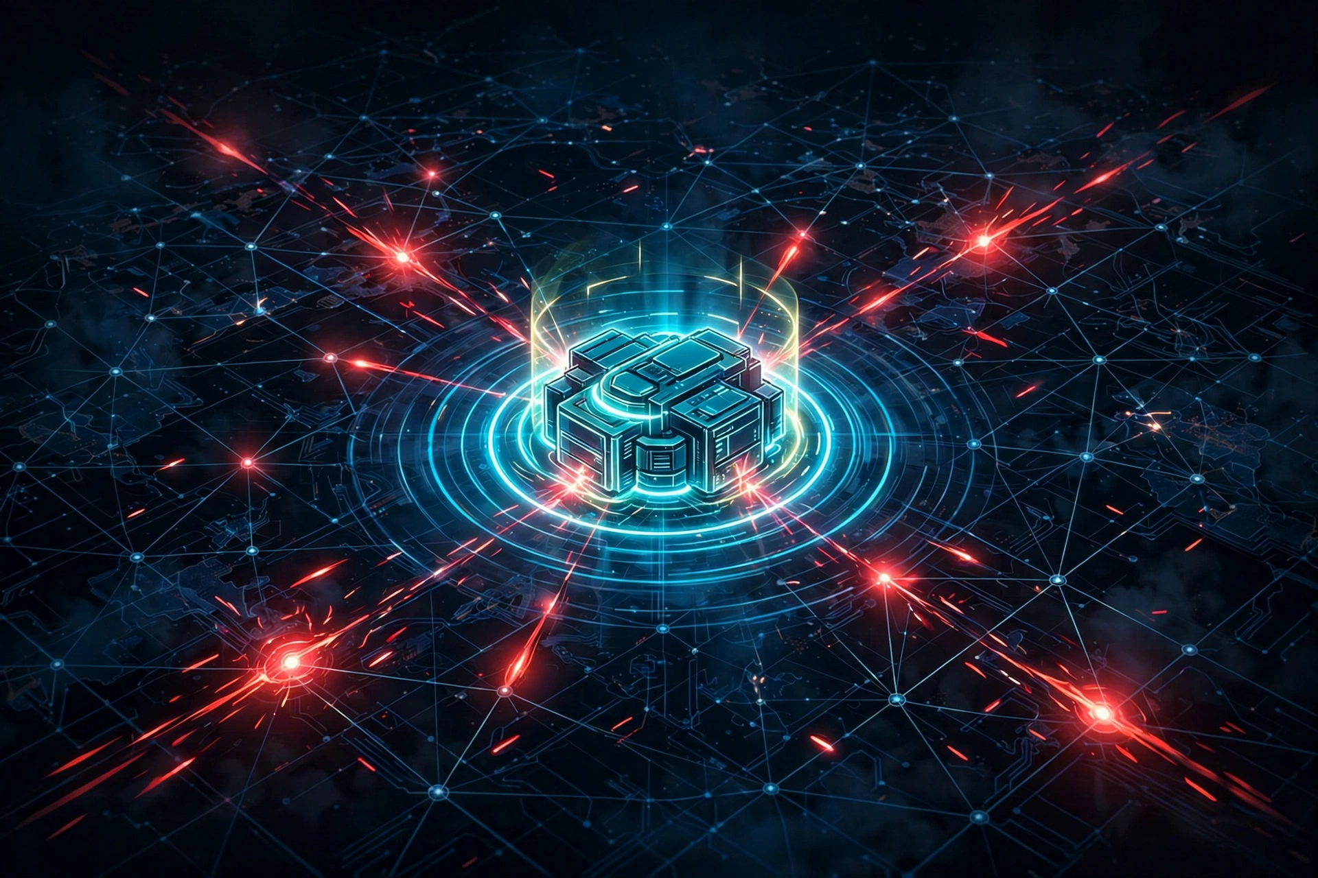 A decoy server node catching red incoming attack signals on a dark network map