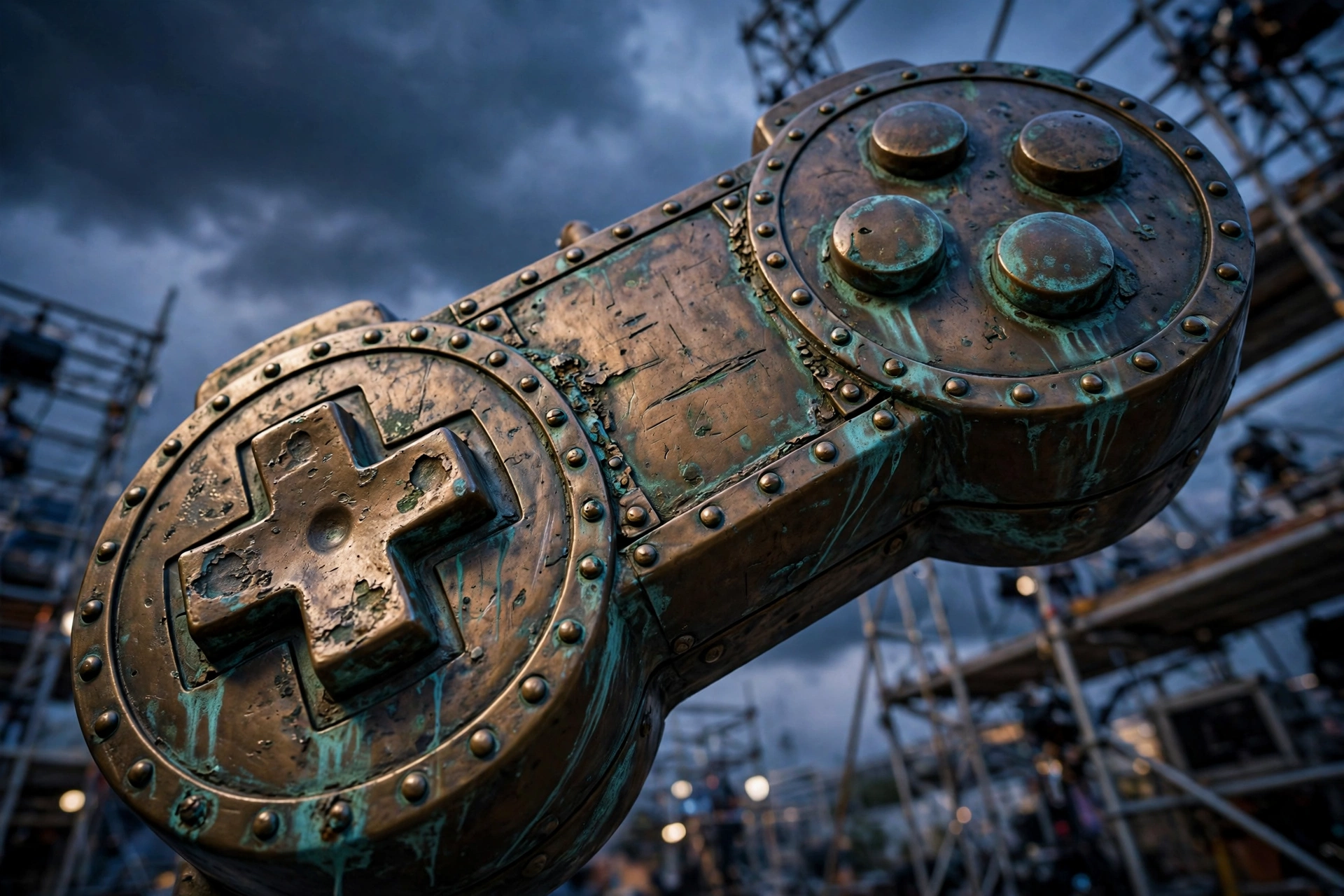 Close-up of a bronze game-controller sculpture against a dusk sky