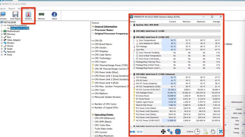 A screenshot of HWiNFO highlighting the Sensors tab and showing the CPU temperature window.