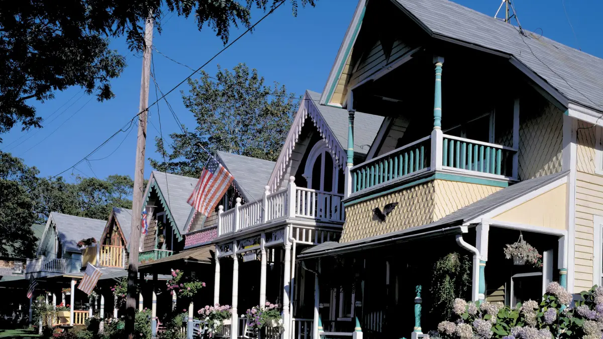 Cottages stand in Oak Bluffs, Martha's Vineyard, Massachusetts.