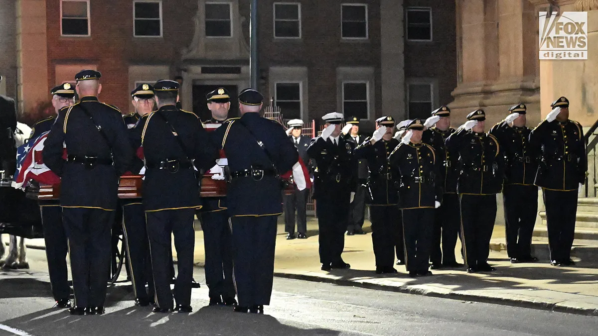 The casket of the late Philadelphia Police Officer Shane Seiber is escorted into Cathedral Basilica in Philadelphia, Pennsylvania, United States on Tuesday, October 20, 2026. Police Officer Shane Seiber will be remembered at a funeral service after being killed in the line of duty. Credit: Kyle Mazza/CNP for Fox News Digital