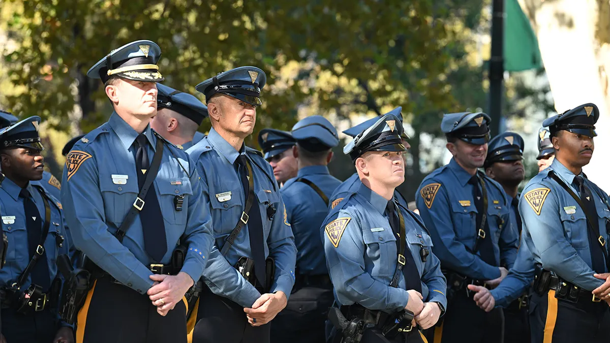 New Jersey State Police officers gather outside Cathedral Basilica to honor the life of the late Philadelphia Police Officer Shane Seiber in Philadelphia, Pennsylvania, United States on Tuesday, October 20, 2026. Police Officer Shane Seiber will be remembered at a funeral service after being killed in the line of duty. Credit: Kyle Mazza/CNP for Fox News Digital