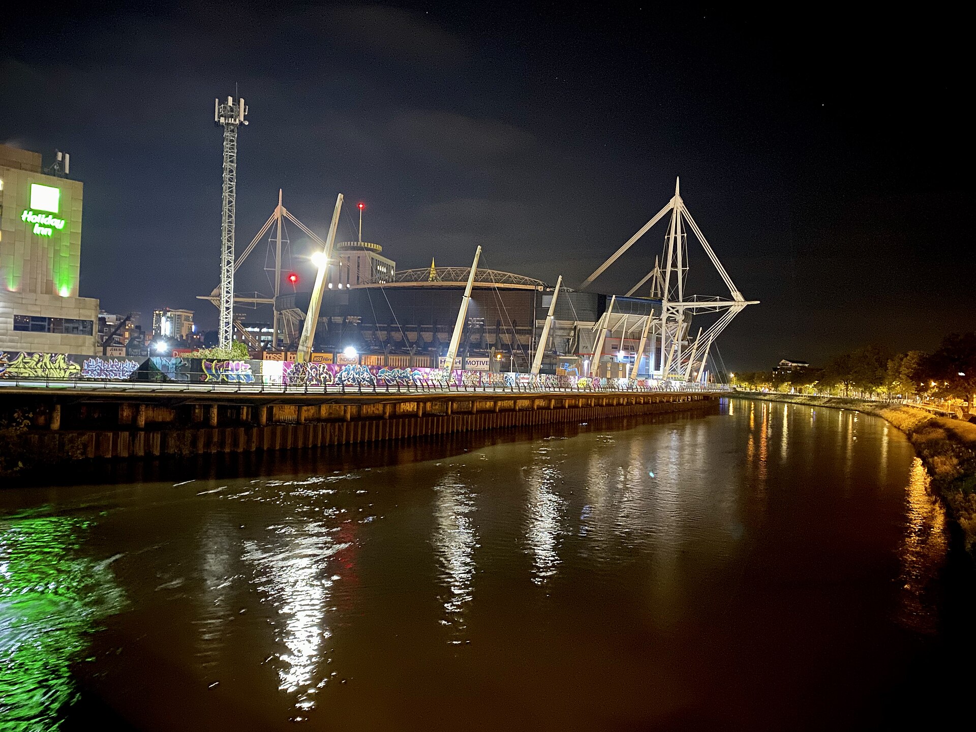 The Principality Stadium in Cardiff at night