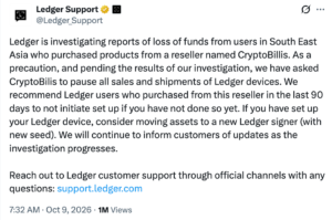 Ledger Investigates $86M Crypto Theft Linked to SE Asia Reseller