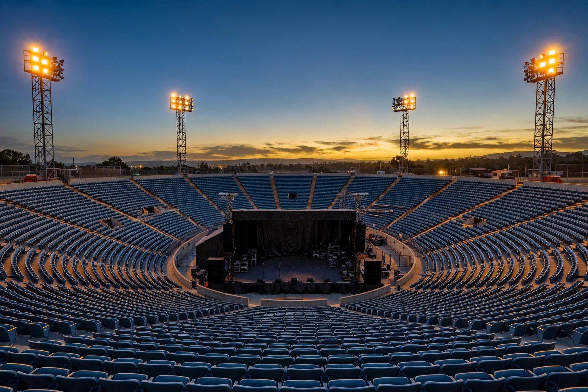 An empty stadium at dusk with floodlights glowing