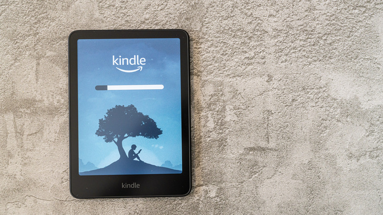 A colored Kindle screen on a carpet, showing the boot screen with a child under a tree.
