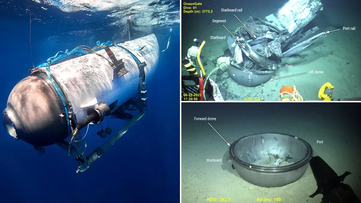 Collage with Titan in water on left and two NTSB-labeled seabed photos of wreckage on right.
