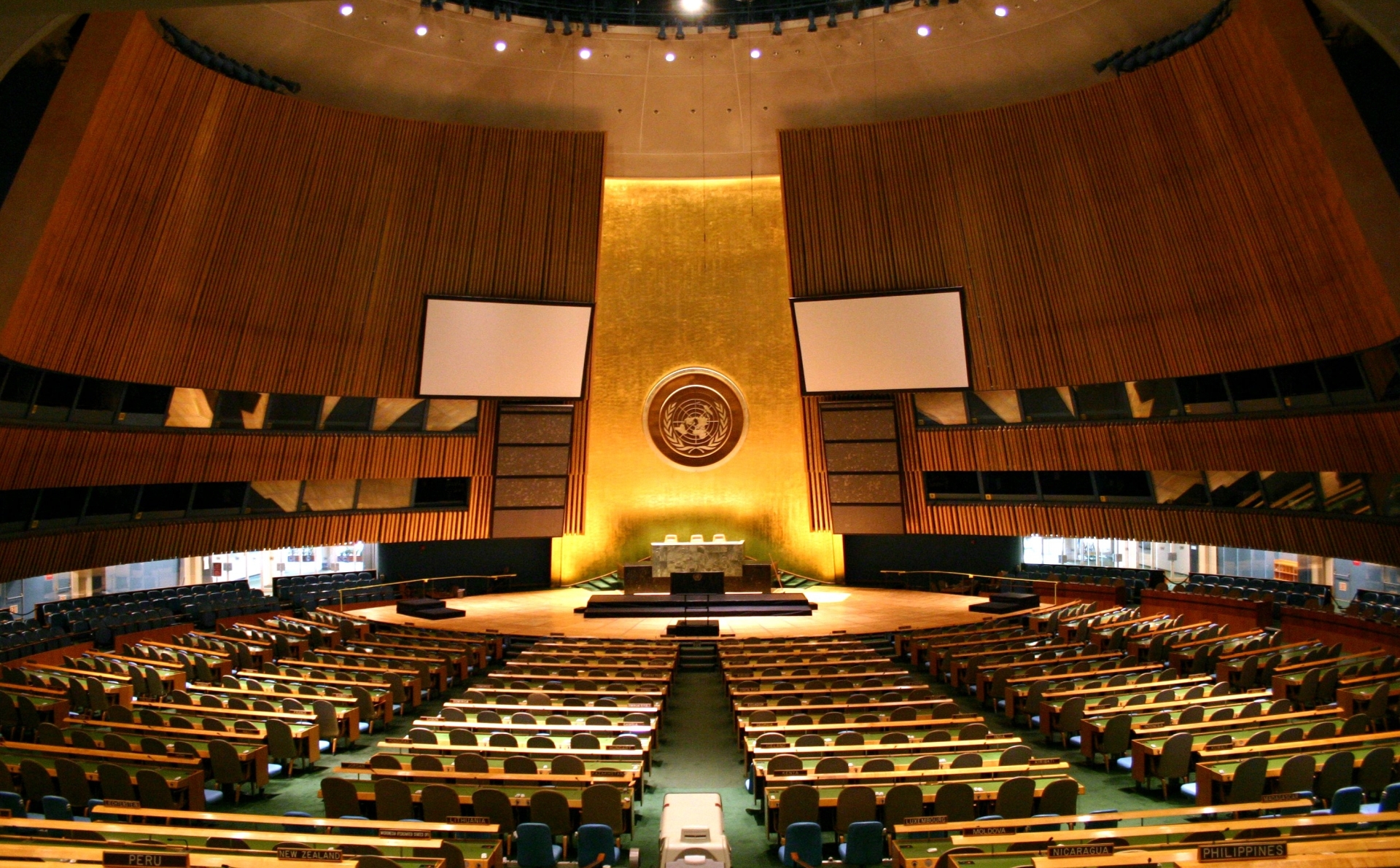 The empty General Assembly hall at United Nations headquarters in New York