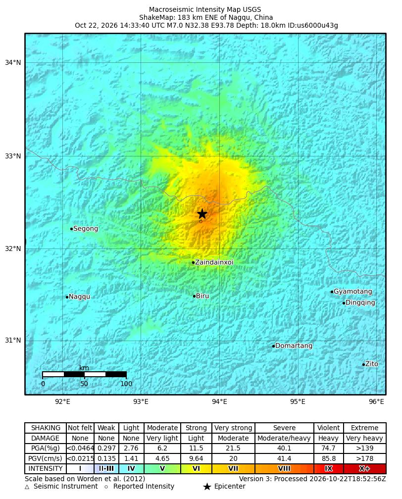 USGS ShakeMap for the October 22, 2026 magnitude 7.0 earthquake near Nagqu, Tibet